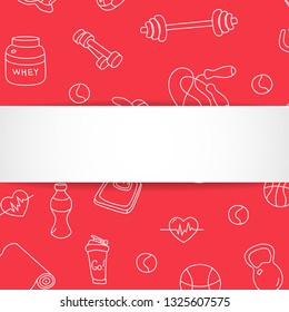 Fitness banner with hand drawn gym pattern and 3d paper plate. Doodle icons for healthy workout and exercise. Sport lifestyle line art. Stylish fitness banner for sales, special offers, flyers and ad.