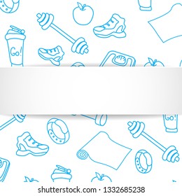 Fitness banner with hand drawn gym pattern and 3d paper plate. Doodle icons for healthy workout and exercise. Sport lifestyle line art. Stylish fitness banner for sales, special offers, flyers and ad.