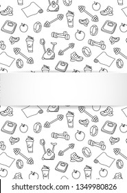 Fitness banner with hand drawn gym pattern and 3d paper plate. Doodle icons for healthy workout and exercise. Sport lifestyle line art. Stylish fitness banner for sales, special offers, flyers and ad.