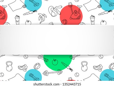 Fitness banner with hand drawn gym pattern and 3d paper plate. Doodle icons for healthy workout and exercise. Sport lifestyle line art. Stylish fitness banner for sales, special offers, flyers and ad.