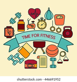 Fitness banner for personnel trainer program includes sports equipment, objects for gym training, bodybuilding and active lifestyle. Vector illustration.