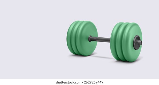 Fitness Barbell. 3D Rendered Gym Weight with Green Plates and Black Bar. Ideal for Workout, Powerlifting, and Exercise Concepts. Clean Minimal Style. Vector Illustration