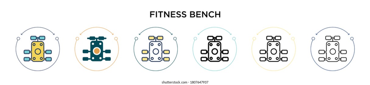 Fitness bench icon in filled, thin line, outline and stroke style. Vector illustration of two colored and black fitness bench vector icons designs can be used for mobile, ui, web