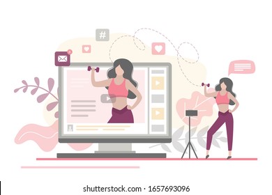 Fitness blog banner. Athletic girl makes blog about healthy and sport lifestyle. Smartphone on tripod. Beauty female vlogger character holding dumbbells. Video content creation. Vector illustration