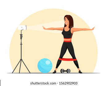 Fitness Blog. Cartoon Young Sportive Girl Standing With Dumbbells Front Of Camera And Creating Video Content. Woman Doing Workout Broadcast In Internet. Sport Livestream. Vector Flat Illustration