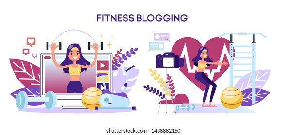 Fitness blog concept. Female character doing workout and broadcast in the internet. Video channel, healthy lifestyle. Vector illustration in cartoon style