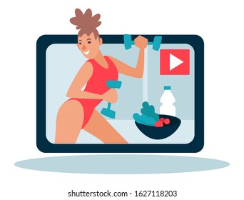 Fitness blog concept, girl in swimsuit doing workout and broadcast in the internet vector. Video channel, healthy lifestyle, woman with barbells. Proper nutrition, blogging and content making