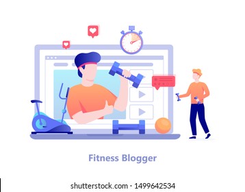 Fitness blog concept. Male character doing workout and broadcast in the internet. Video channel, healthy lifestyle. Vector illustration in cartoon style