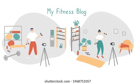 Fitness blog set. Trainer records videos for her followers. Remote workout concept. Sportswoman trains and records video on camera. Cartoon vector illustration