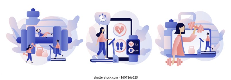 Fitness blog and Workout app concept. Tiny people are sport training. Active lifestyle and fitness training. Modern flat cartoon style. Vector illustration on white background