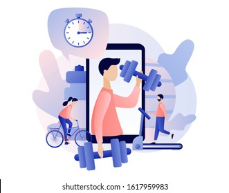 Fitness blog and Workout app concept. Personal trainer online. Tiny people are sport training. Active lifestyle and fitness training. Modern flat cartoon style. Vector illustration on white background