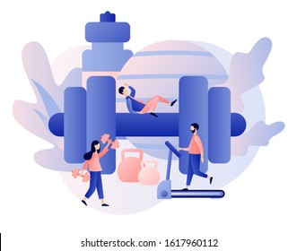 Fitness blog and Workout app concept. Tiny people are sport training. Active lifestyle and fitness training. Modern flat cartoon style. Vector illustration on white background