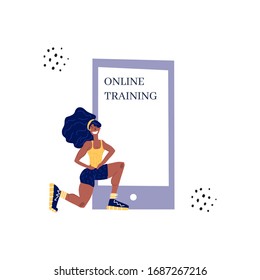 Fitness blog and Workout app concept. Personal trainer online. Active lifestyle and fitness training. Modern flat cartoon style. Woman doing lunges. 