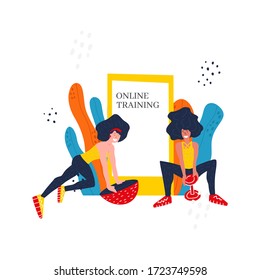 Fitness blog and Workout app concept. Personal trainer online. Active lifestyle and fitness training. Modern flat cartoon style. 