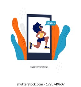 Fitness blog and Workout app concept. Personal trainer online. Active lifestyle and fitness training. Modern flat cartoon style. Woman doing lunges.