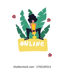 Fitness blog and Workout app concept. Personal trainer online. Active lifestyle and fitness training. Modern flat cartoon style. Woman doing plie dumbbell squat