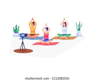 Fitness blogger concept illustration. Fitness yoga content creator, Recording online video classes. Vector illustration in a flat style