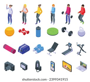Fitness blogger icons set isometric vector. Online show. Personal sport training