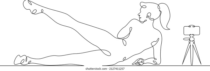 Fitness blogger leads a workout.One continuous line.Blogger female character. Internet blogging, online broadcasting.Continuous line drawing.Line Art isolated white background.