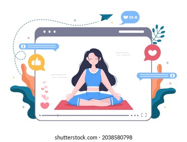 Fitness Blogger on Yoga Content Creator Background Recording Online Video Classes of Sports Exercises and Take Care Body. Flat Design Vector Illustration  