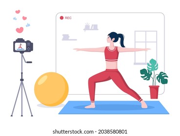 Fitness Blogger on Yoga Content Creator Background Recording Online Video Classes of Sports Exercises and Take Care Body. Flat Design Vector Illustration  
