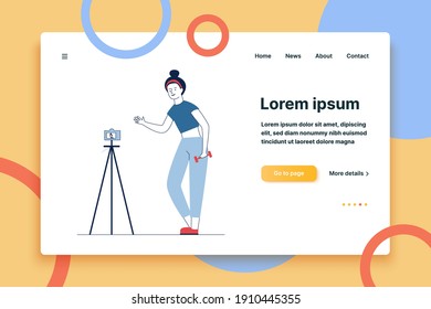 Fitness blogger posing for camera. Woman with dumbbells recording video of herself flat vector illustration. Internet, fitness, blog concept for banner, website design or landing web page