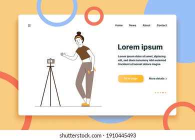 Fitness blogger posing for camera. Woman with dumbbells recording video of herself flat vector illustration. Internet, fitness, blog concept for banner, website design or landing web page