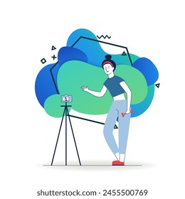 Fitness blogger posing for camera. Woman with dumbbells recording video of herself flat vector illustration. Internet, fitness, blog concept for banner, website design or landing web page