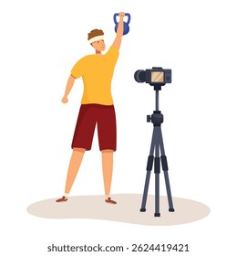 Fitness blogger is recording an online training session with a kettlebell