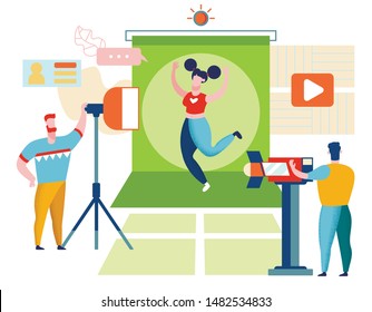 Fitness Blogger Recording Video. Sporty Girl Youtube Channel. Online Coach in Studio. Video Marketing. Content Creator. Social Media Blog Management. Getting Money with Youtube. Vector EPS 10.