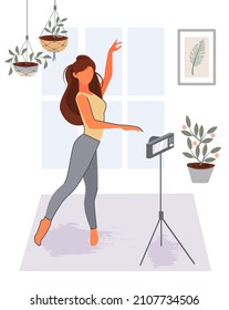 Fitness blogger records online video of class. Beautiful girl blogger in front of the camera on a tripod. Vector illustration.