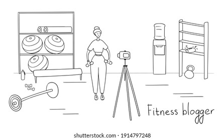 Fitness blogger. Sportswoman broadcasting vlog for followers. Athlete records video set of exercises for her subscribers. Remote workout training concept. Cartoon vector illustration