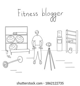 Fitness blogger. Young man records video. Sportsman shows exercises on blog. Internet star is broadcasting live for his followers. Vector illustration in cartoon style