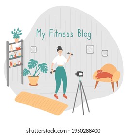 Fitness blogger. Young woman records video. Sportswoman shows exercises on blog. Internet star is broadcasting live for her followers. Vector flat illustration in cartoon style