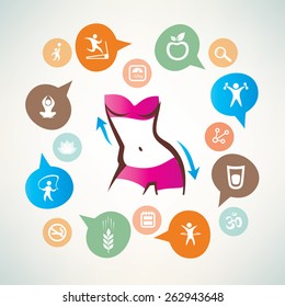 fitness and body care infographics, icons collection, slim waist, active woman concept