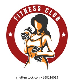 Fitness and Bodybuilding Colorful emblem with Woman Holding Weight. Vector illustration