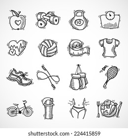 Fitness bodybuilding diet sport exercise sketch decorative icons set isolated vector illustration