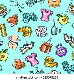 Fitness bodybuilding diet sport training exercise colored sketch seamless pattern vector illustration
