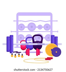 Fitness And Bodybuilding Equipment. Home Gym Set. Flat Vector Illustration
