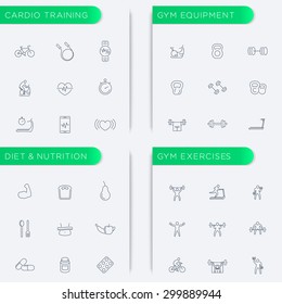 Fitness, Bodybuilding, Gym equipment, Health, Diet, Cardio training, Workout, thin line icons, vector illustration, eps10, easy to 

edit