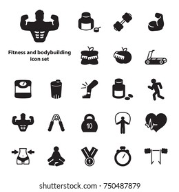 Fitness and bodybuilding icon set. Vector.