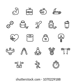 Fitness and bodybuilding thin line icon set. Vector. Wellness icon set.