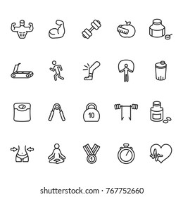 Fitness and bodybuilding thin line icon set. Vector.