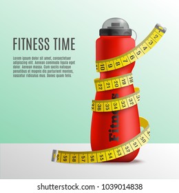 Fitness Bottle Tape Realistic Composition With Editable Text And Image Of Bottle Wrapped Up In Metre Stick Vector Illustration