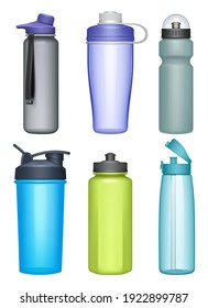 Fitness bottles. Plastic bottles for water running and gym training accessories decent vector realistic mockup set