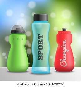 Fitness bottles realistic composition of three bottles on shelf surface and blurry background with text vector illustration