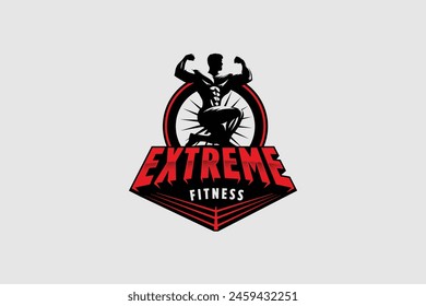 fitness, boxing and bodybuilding club badge emblem style logo vector with muscular body builder silhouette and boxing ring creatively placed