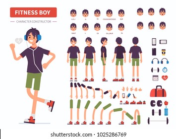 Fitness boy character constructor for animation. Front, side and back view. Flat cartoon style vector illustration isolated on white background.
Fitness boy character constructor for animation. Front, side and back view. Flat cartoon style vector illustration isolated on white background.