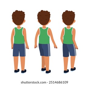 Fitness boy constructor. Man in sportive uniform walk back view. Kit for customizations. Pack of character in various angles. Marathon runner. Flat vector collection isolated on white background