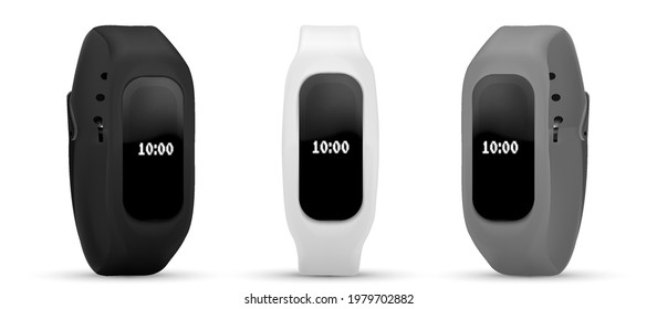 Fitness bracelet Collection of smart band. Realistic set of bright concepts on the use of fitness bracelets. Bracelet with run activity tracking.